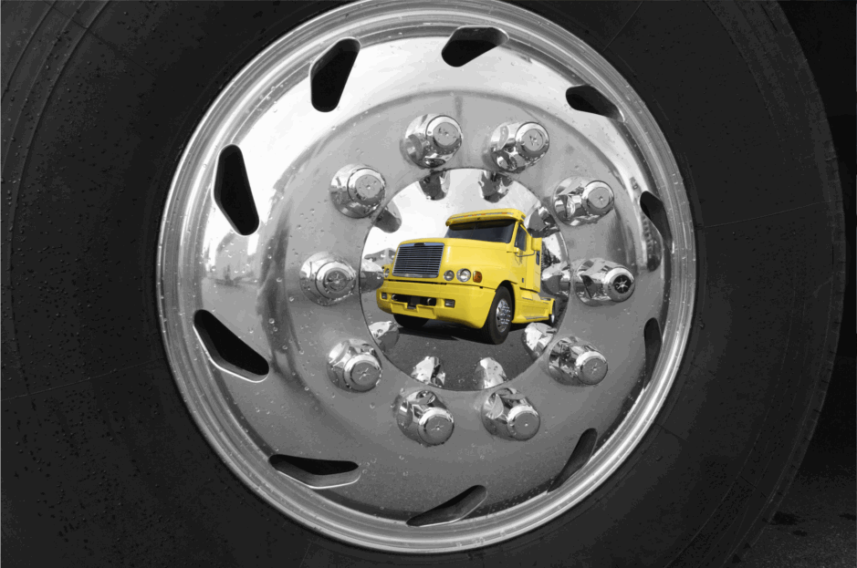 truck reflection in hubcap